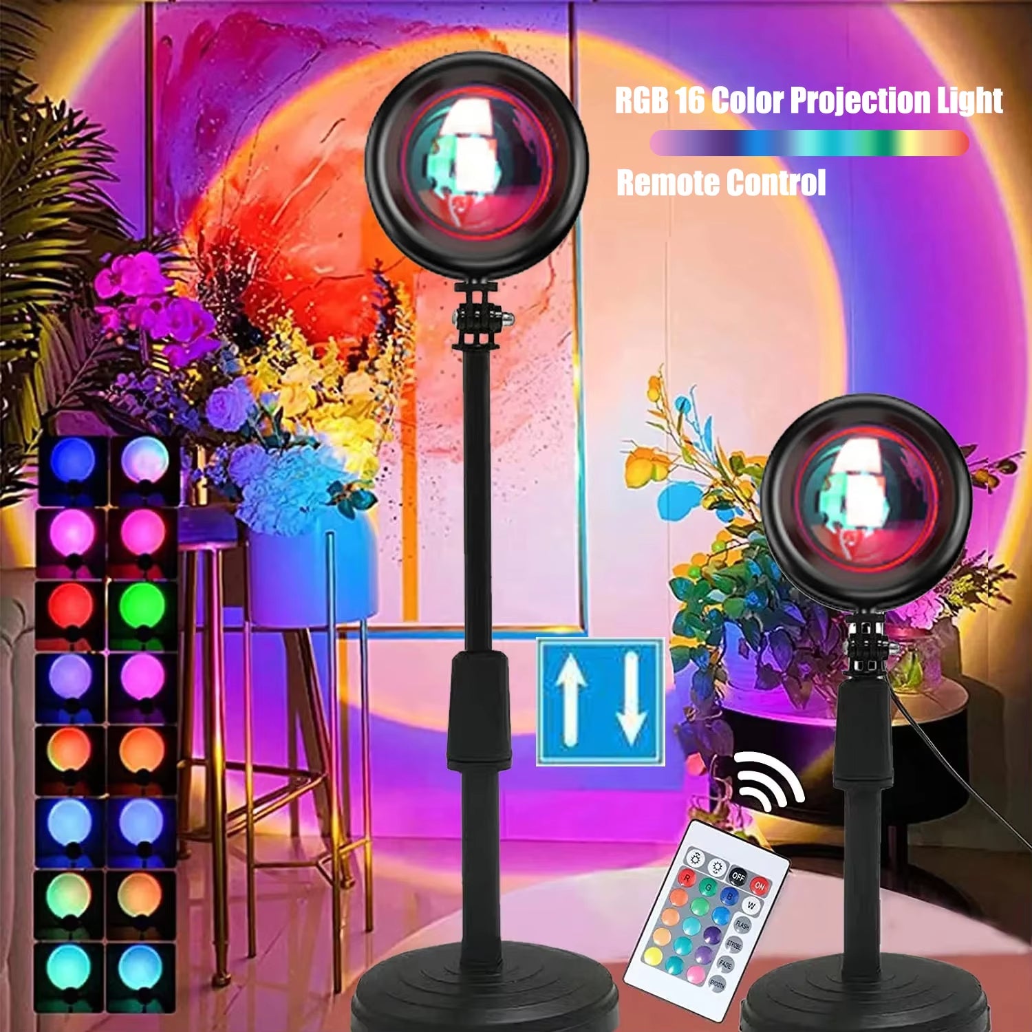 16 RGB Rainbow Atmosphere Sunset Projector Lamp Night Light Sunset Light for Bedroom Room Decoration Background Wall Tiktok Same